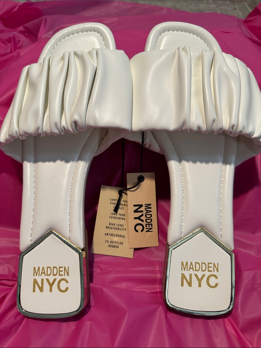 Madden NYC White Ruched Slide Sandals
